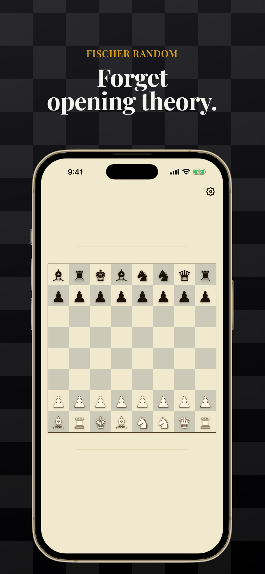 A freshly shuffled Chess960 starting position on the parchment board.
