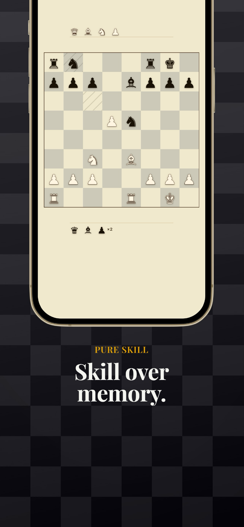 A mid-game position with captured pieces tallied above the board.