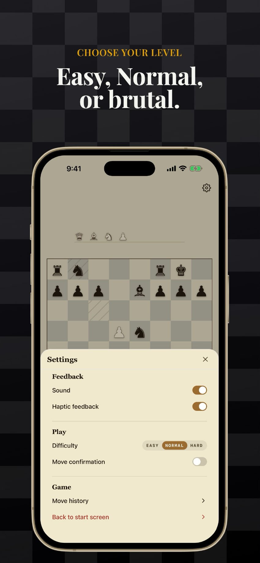 Settings sheet showing Easy, Normal, and Hard difficulty.
